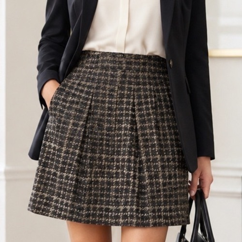 Talbots Plus 16 Metallic Houndstooth Pleated A-Line Skirt Black Gold Holiday B4